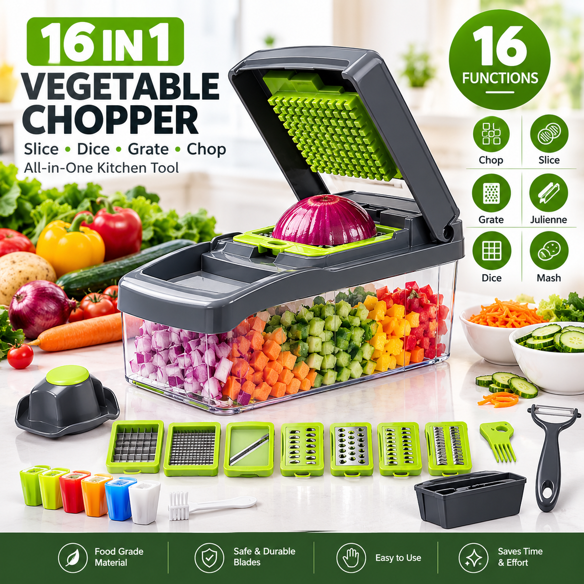 16-in-1 Vegetable Chopper โ Manual Food Slicer, Dicer & Grater
