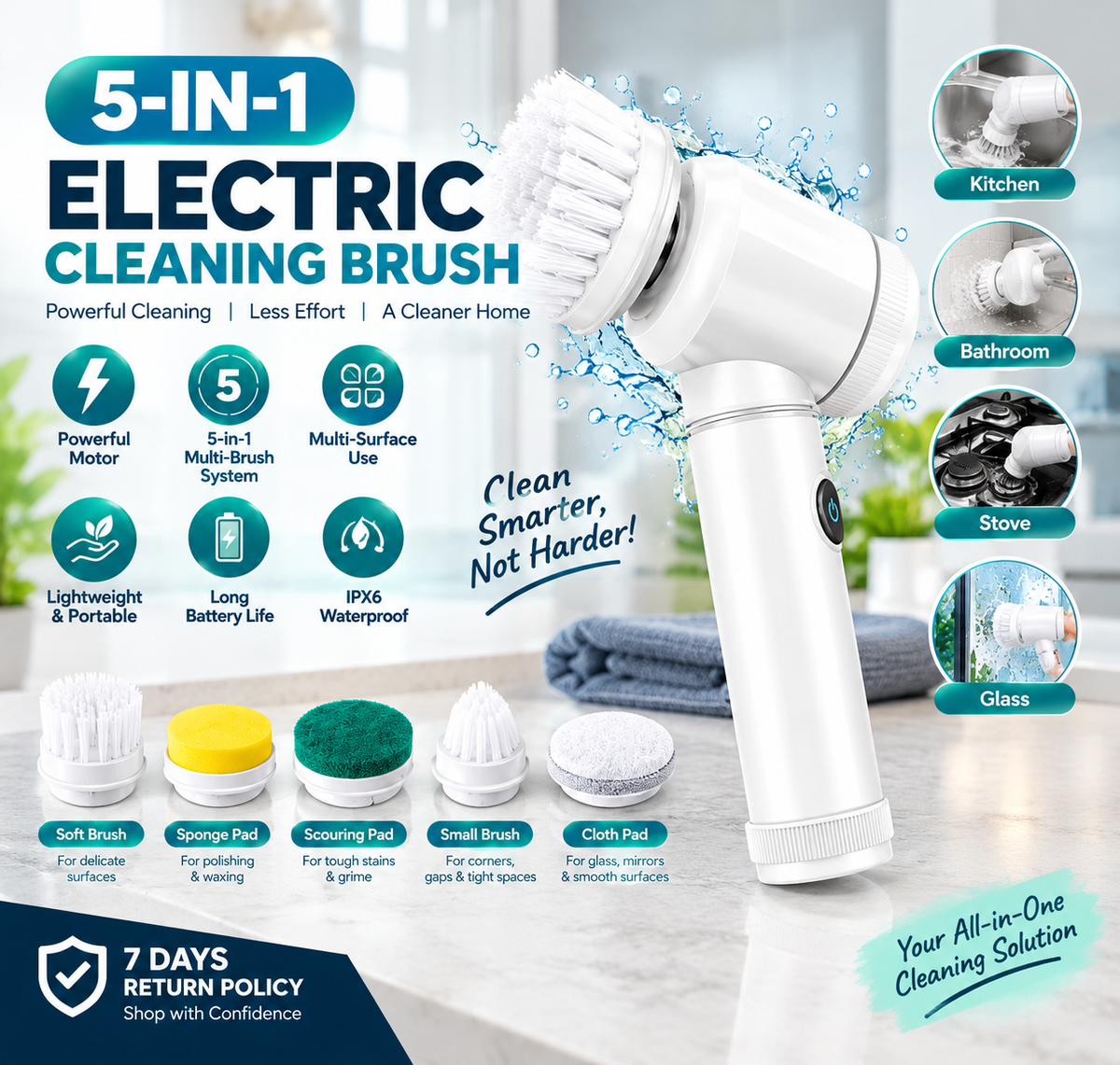 5-in-1 Electric Cleaning Brush – Multi-Surface Scrub & Cleaning Tool