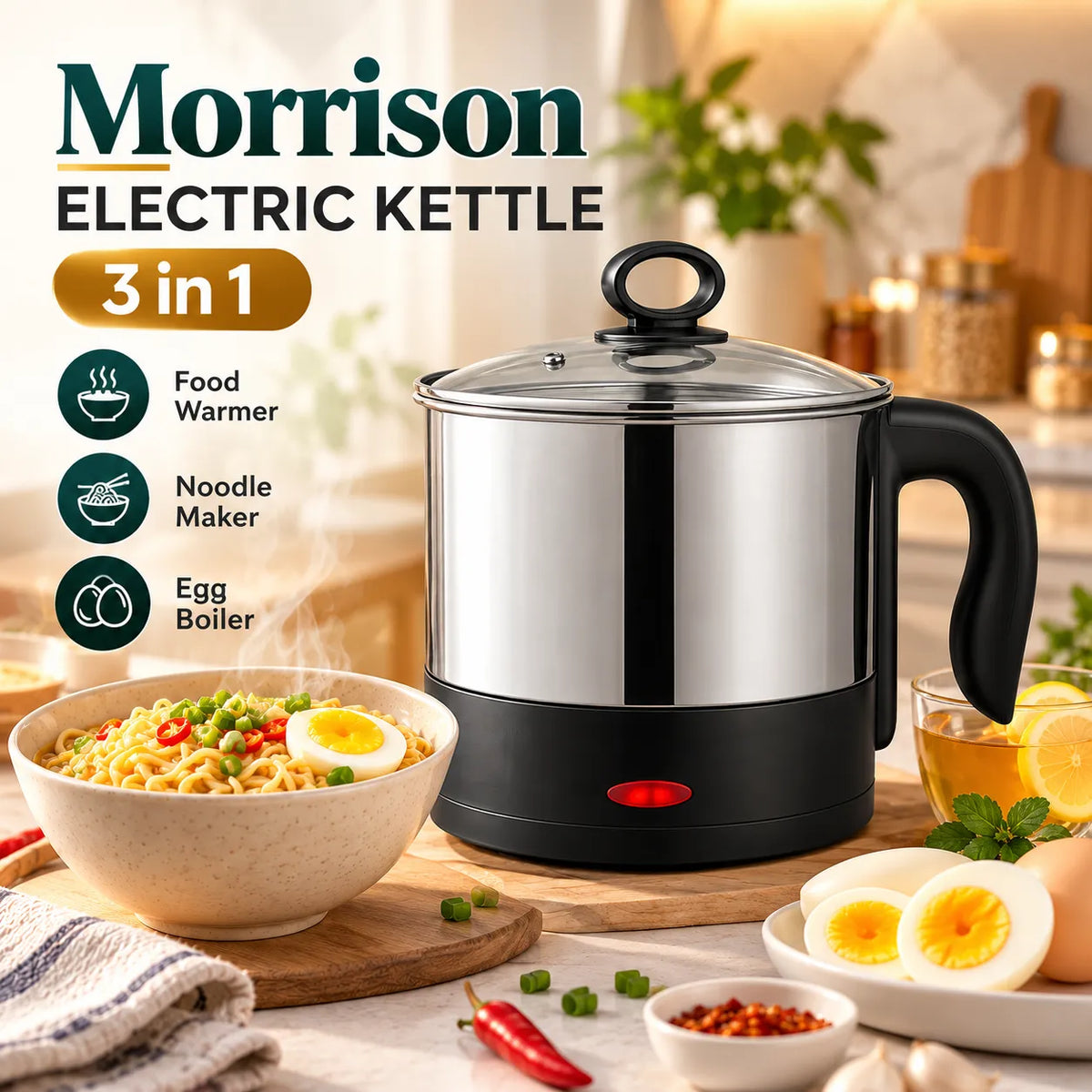 Imported 3-in-1 Electric Kettle (1.2L) – Food Warmer, Noodle Maker & Egg Boiler